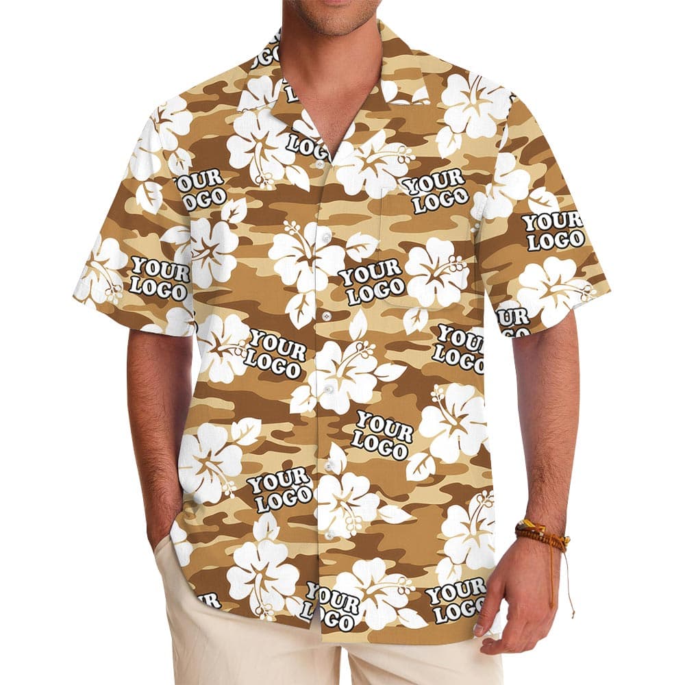 Custom Logo Hibiscus Brown Camouflage Military Hawaiian Shirt