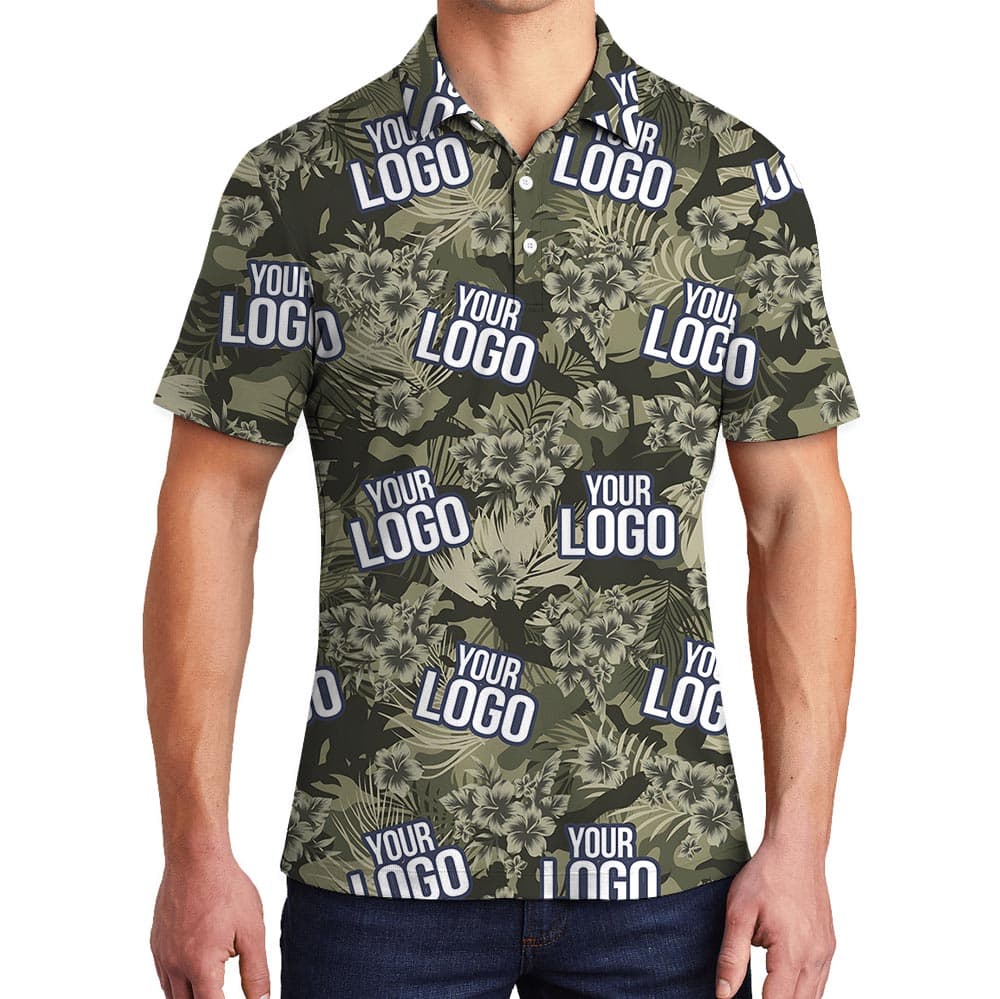 Custom Logo Hibiscus Tropical Hawaiian Polo Military Camo Theme