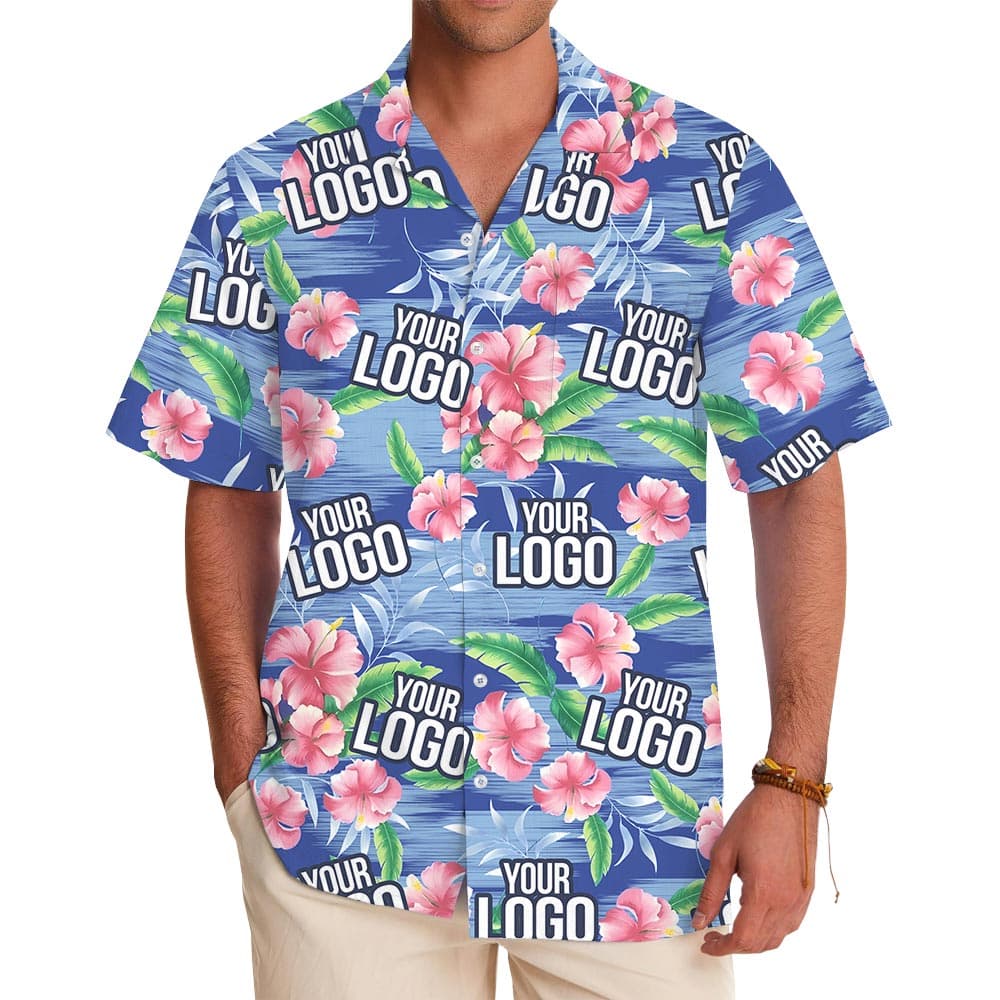 Custom Multiple Logos Blue Beach Theme Hibiscus Aloha Shirt