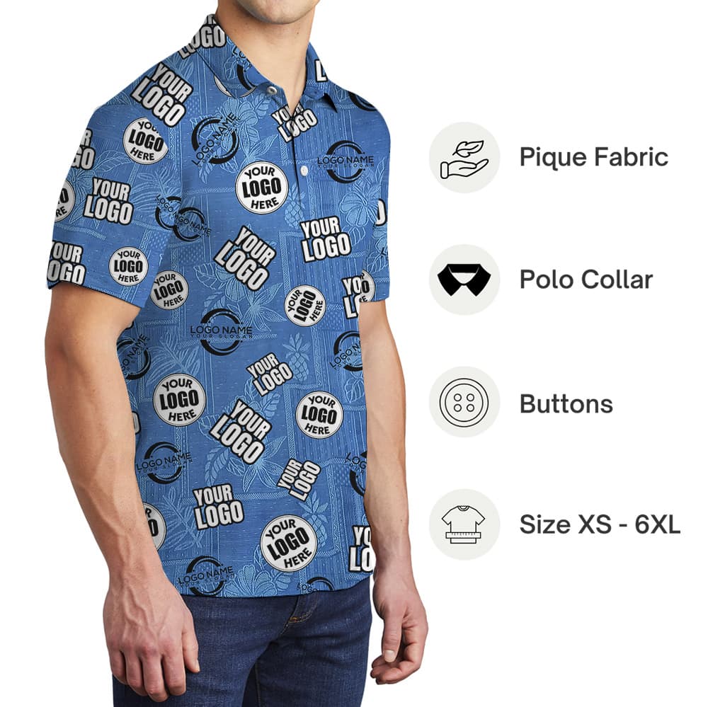 Custom Multiple Logos Blue Vintage Hawaiian Polo Shirt