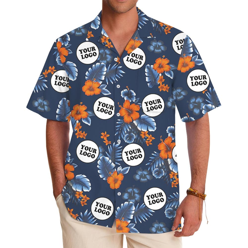 Customize Group Logo Navy Hibiscus Button Up Hawaiian Shirt