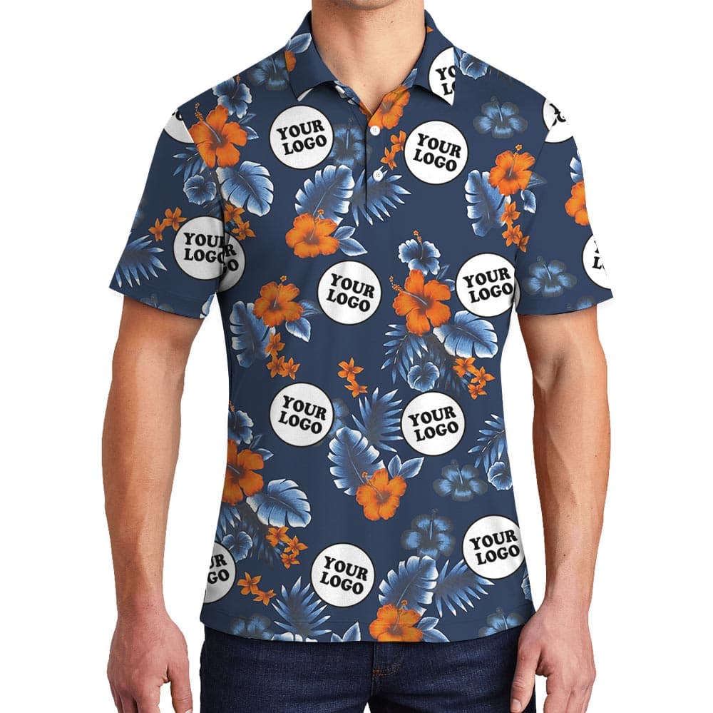 Customize Group Logo Navy Hibiscus Polo Shirt