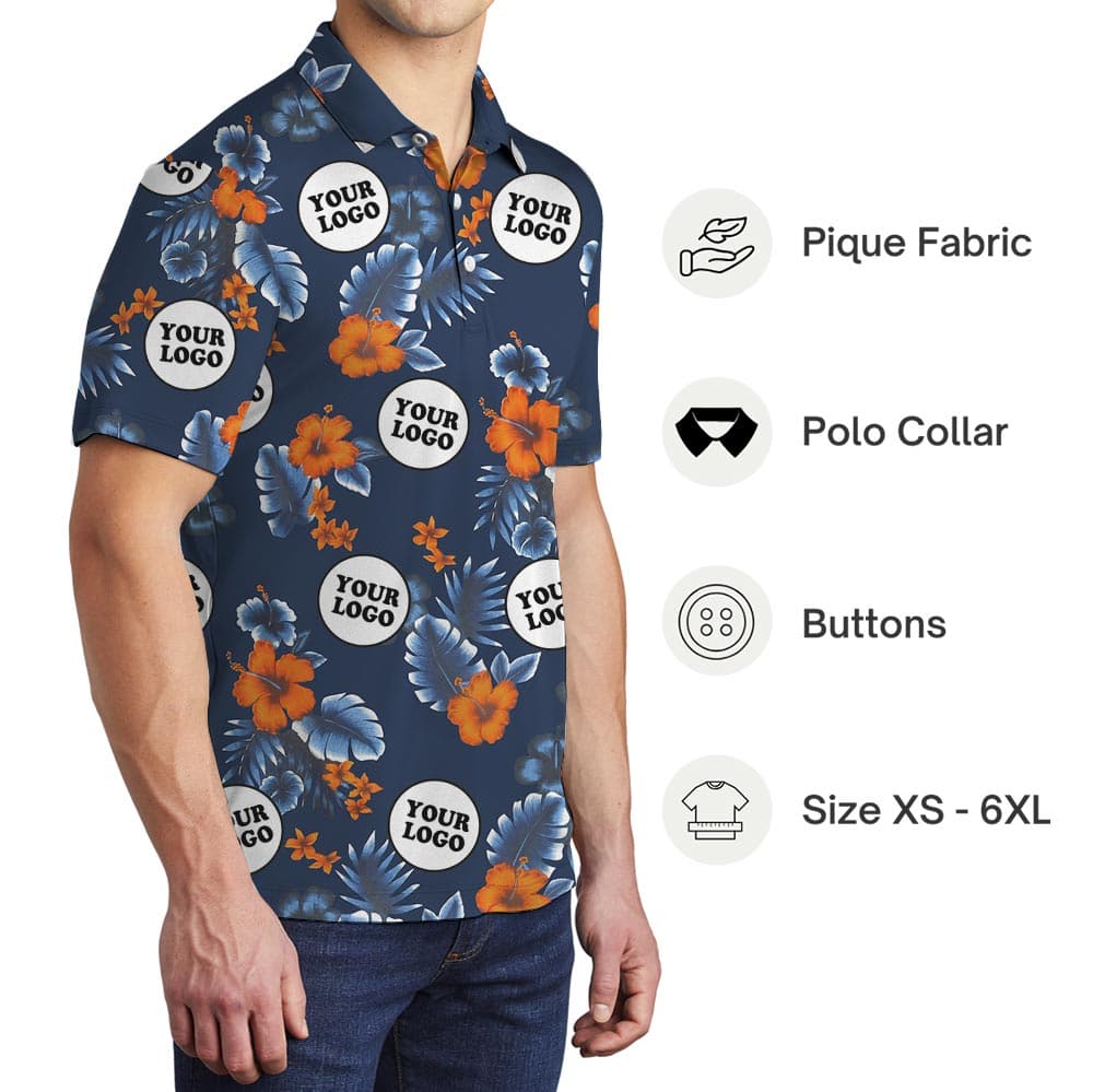 Customize Group Logo Navy Hibiscus Polo Shirt