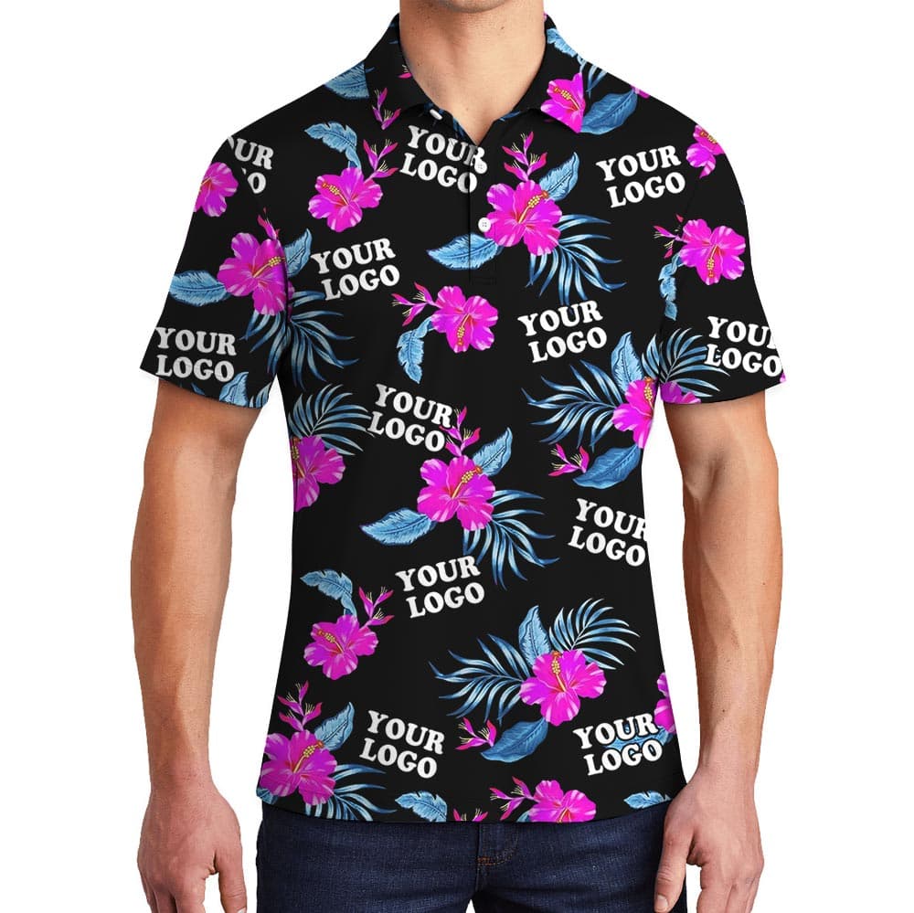 Customized Pink Hibiscus Black Aloha Shirt With Multiple Logos