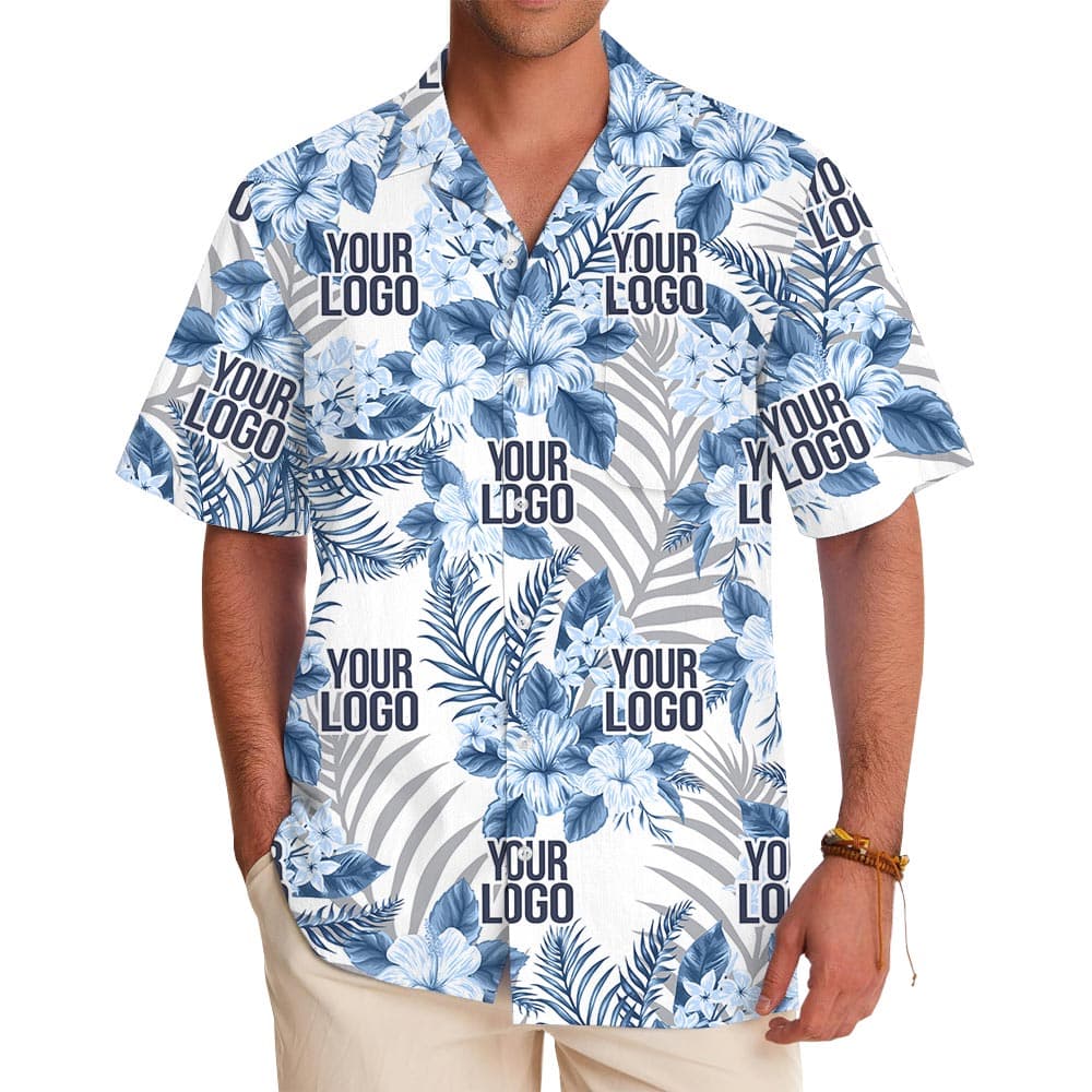 Design Company Logo Blue Tropical White Hawaiian Shirt
