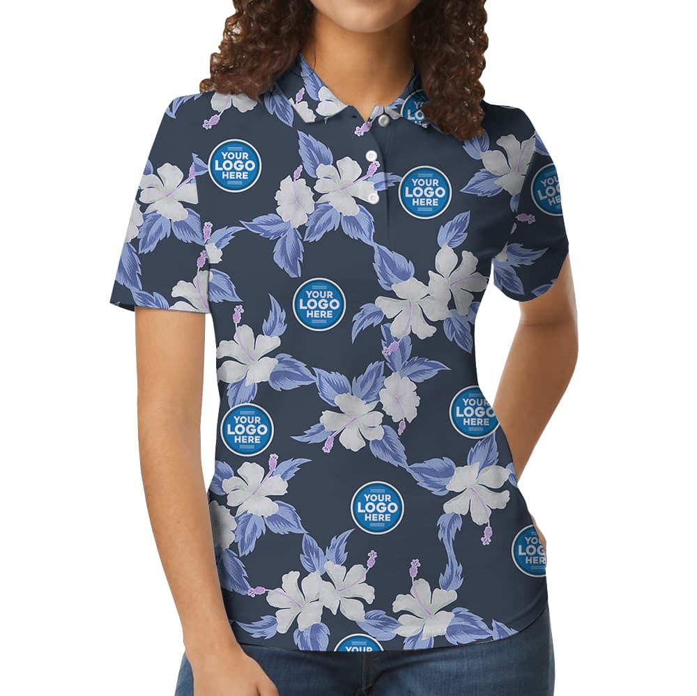 Floral Navy Polo Shirt With Custom Multiple Logos