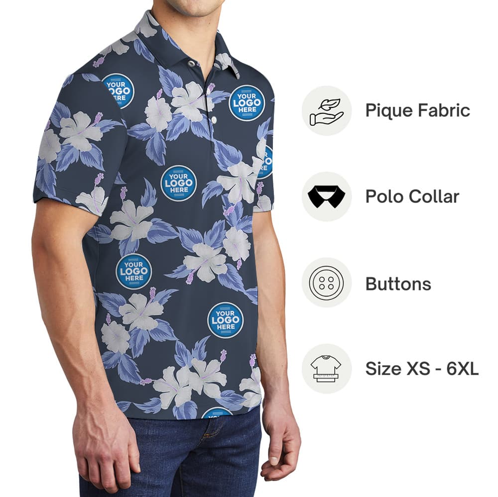 Floral Navy Polo Shirt With Custom Multiple Logos
