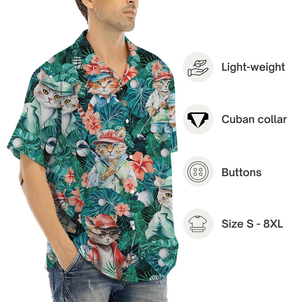 Funny Cat Golf Hawaiian Button Shirt