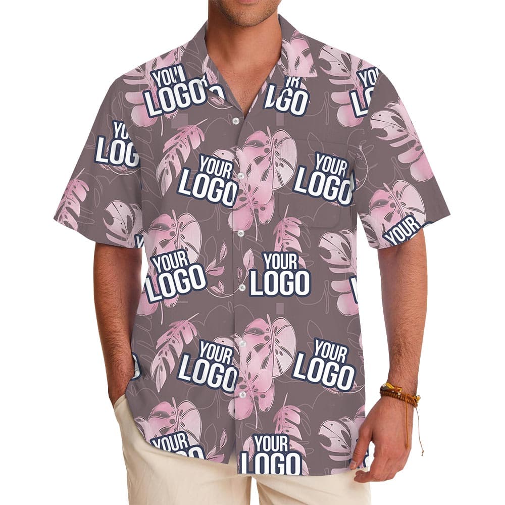 Gray Tropical Leaf Custom Logo Hawaiian Shirt (2)