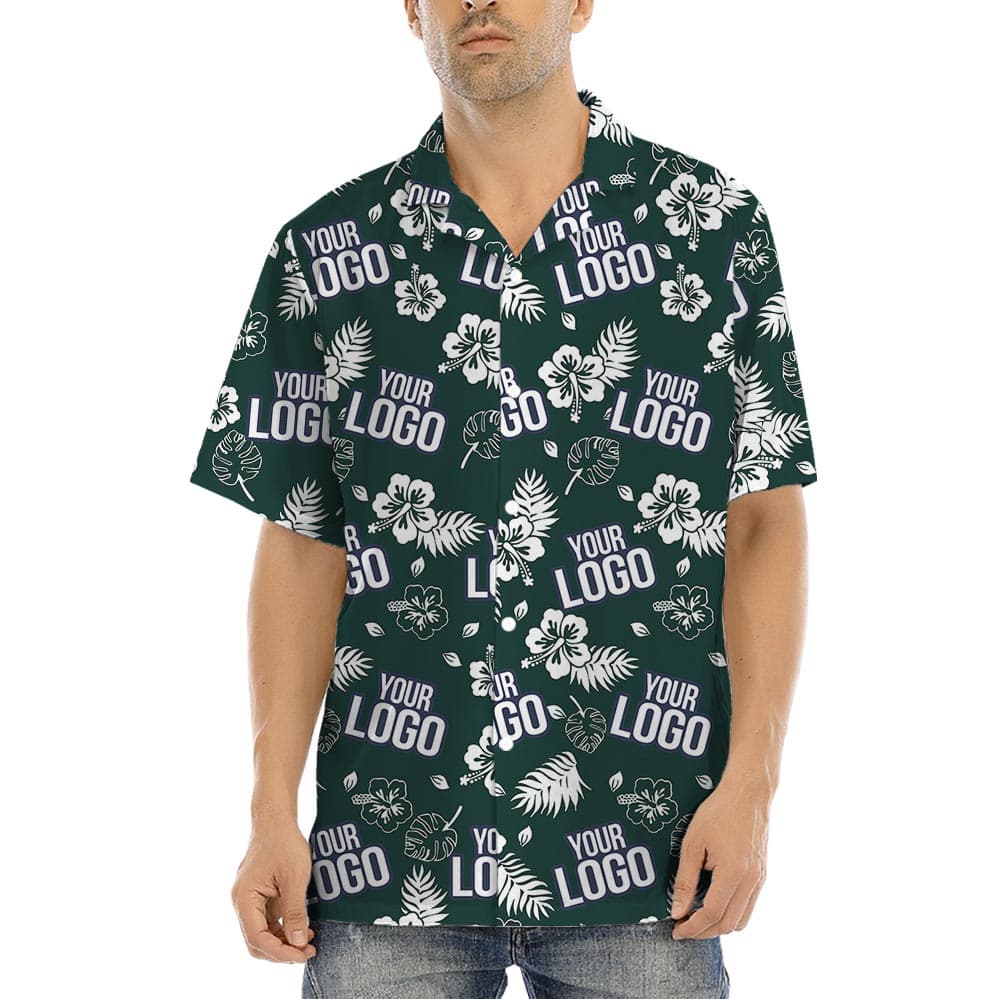 Green Custom Logo Tropical Shirt With Pockets