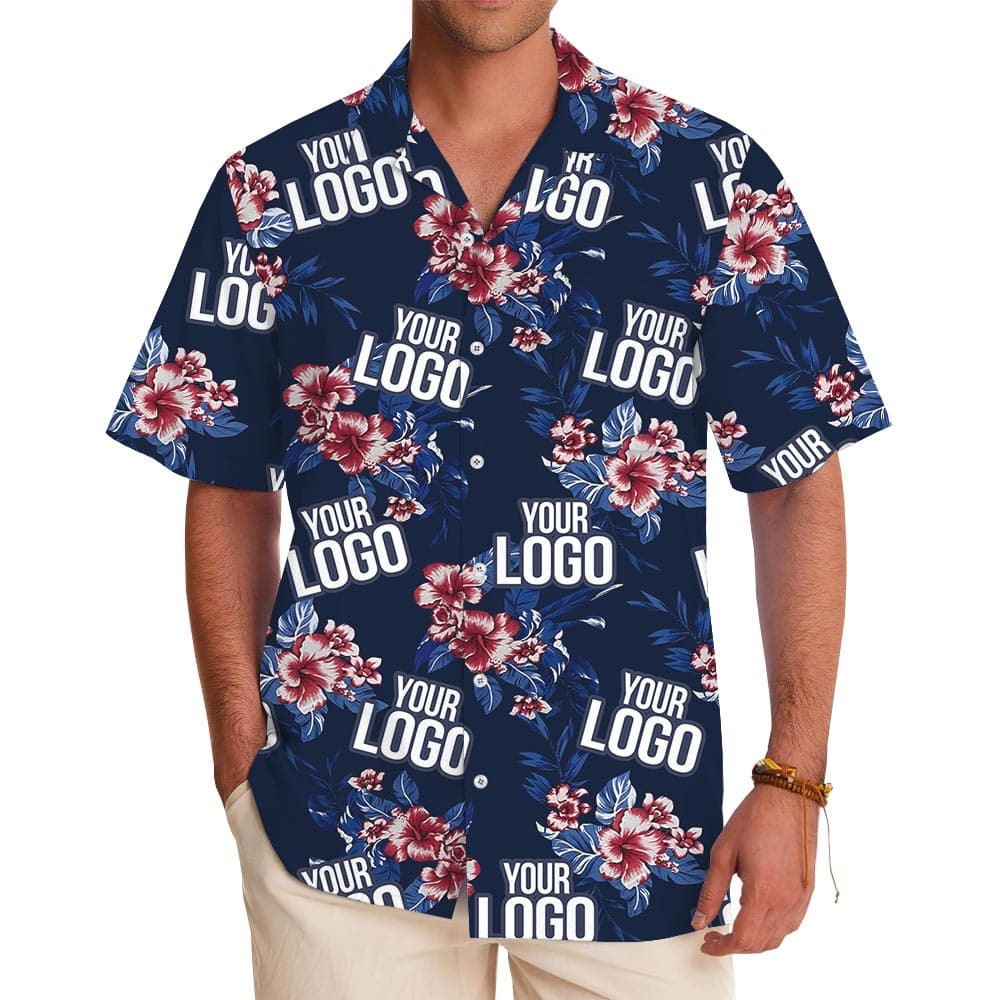 Hibiscus Blue Aloha Shirt With Custom 1-5 Logos
