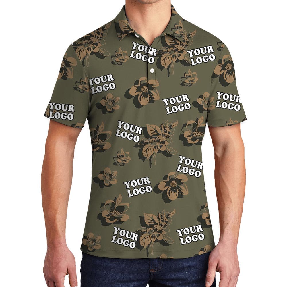 Hibiscus Tropical Camouflage Olive Polo Shirt With Custom Logo