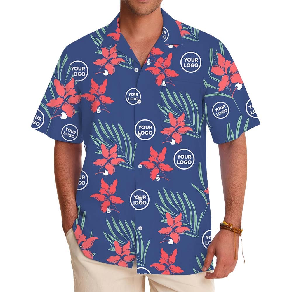 Navy Blossom Hawaiian Button Up Shirt With Logo