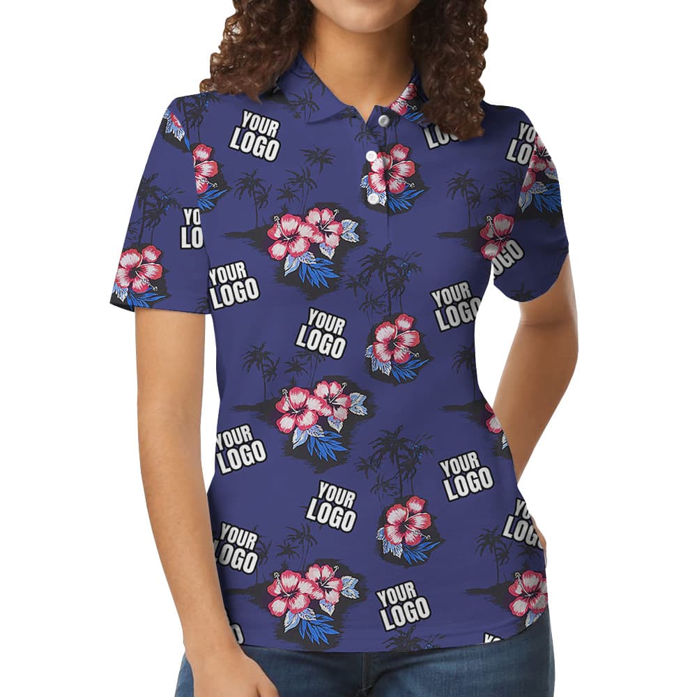Navy Hibiscus Vintage Polo Shirt With Custom Logo
