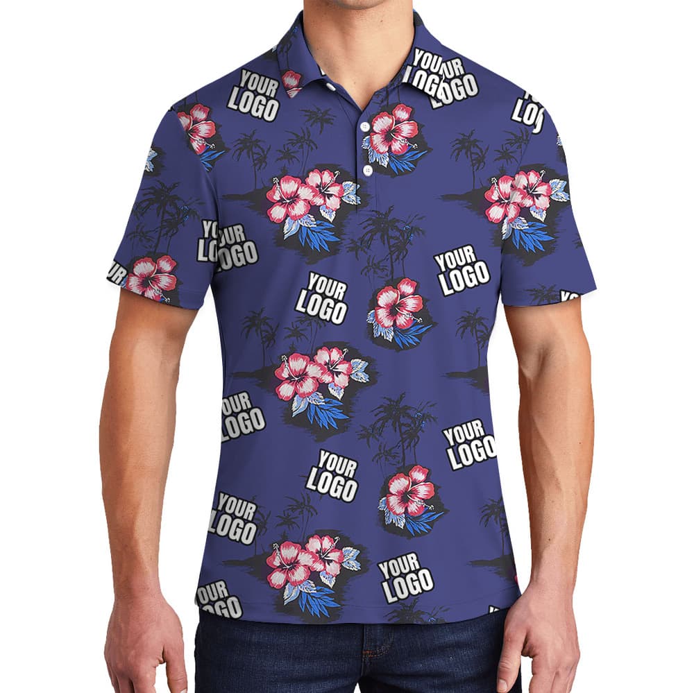 Navy Hibiscus Vintage Polo Shirt With Custom Logo4