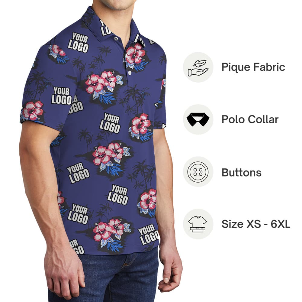 Navy Hibiscus Vintage Polo Shirt With Custom Logo
