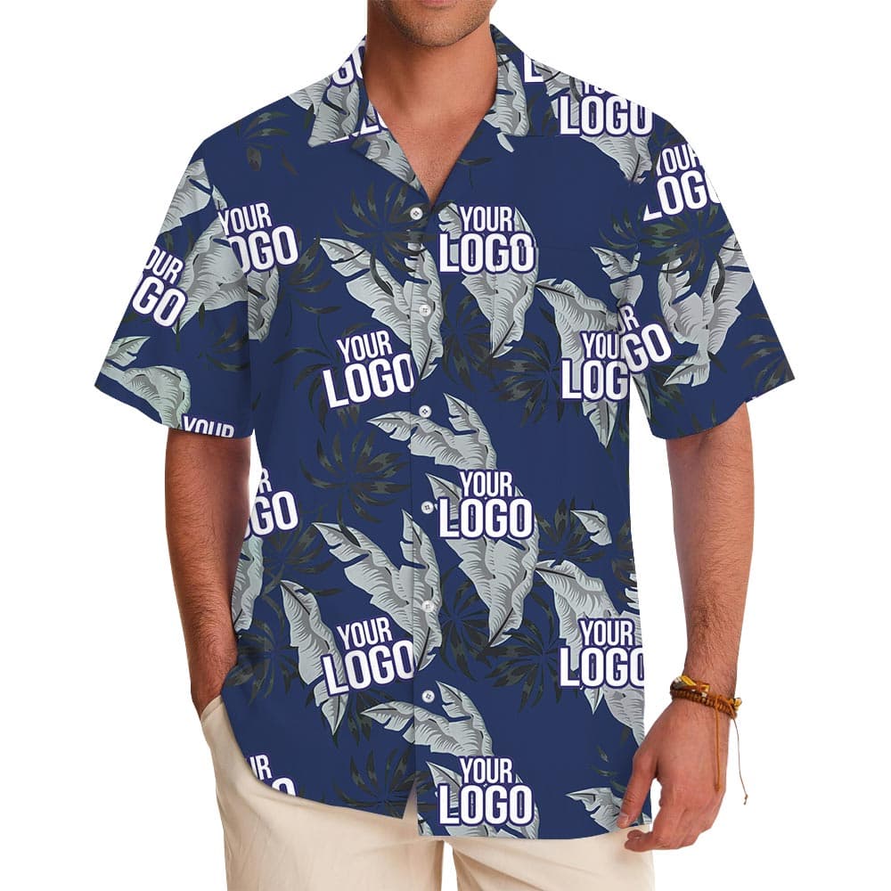 Navy Tropical Leaf Custom Logo Summer Beach Shirt