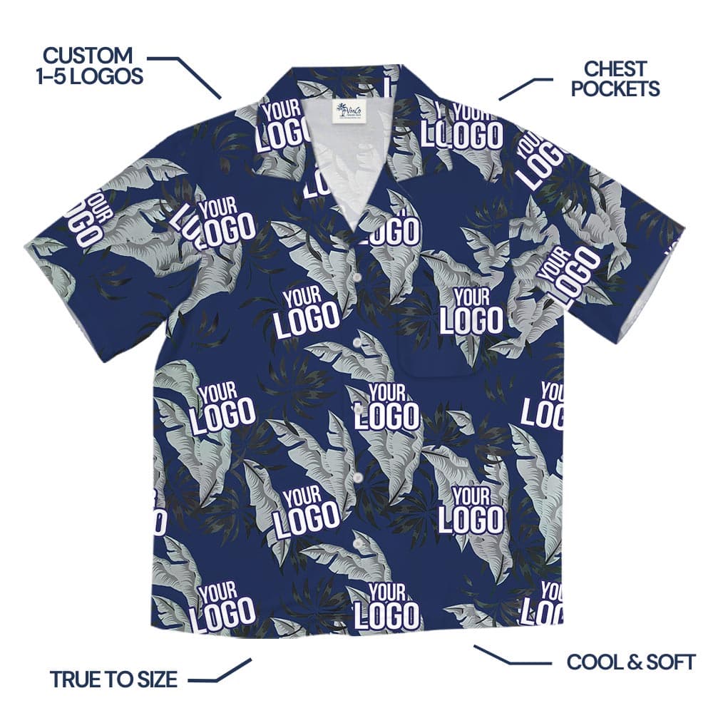 Navy Tropical Leaf Custom Logo Summer Beach Shirt