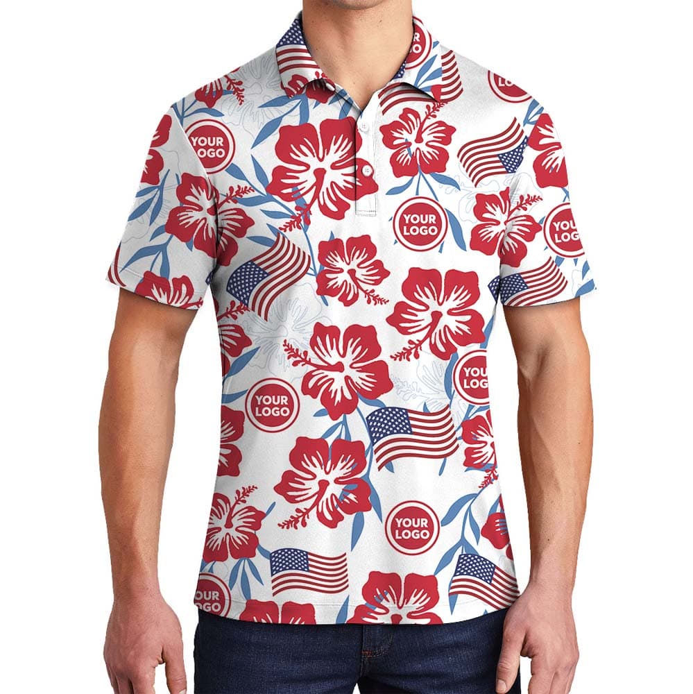 Patriotic American Flag Floral Polo Shirt With Logo