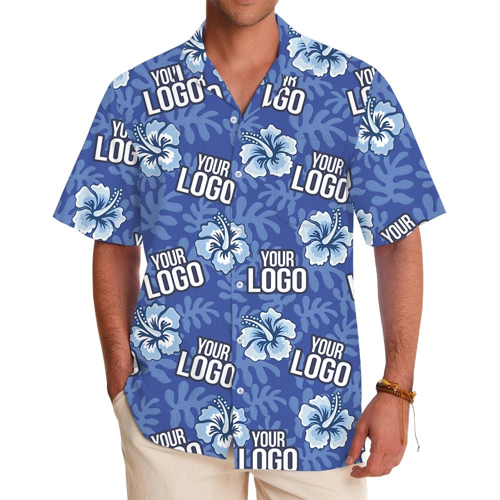 Personalized 5 Logos Team Hawaiian Shirt Blue Hibiscus with preview for approval