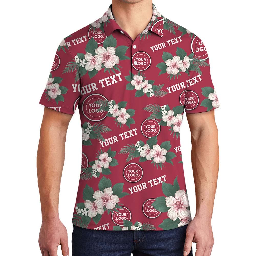 Personalized Red Floral Polo Shirt With Logo And Name