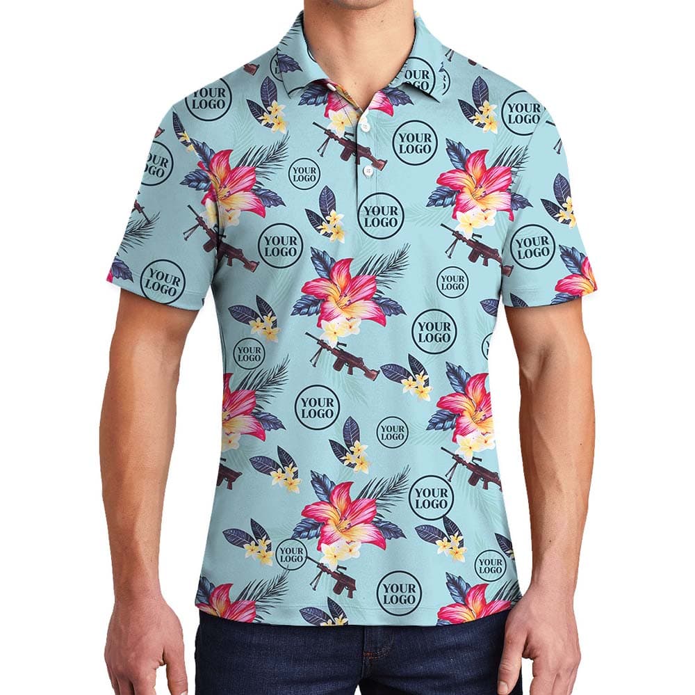 Personalized Tactical Blue Polo Shirt With Floral Print