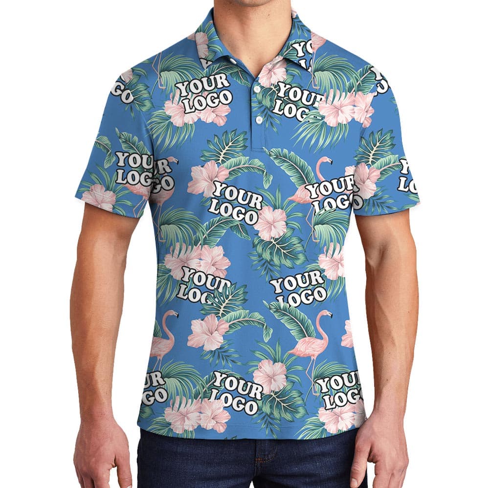 Pink Flowers Blue Polo Shirt Custom Logo For Team