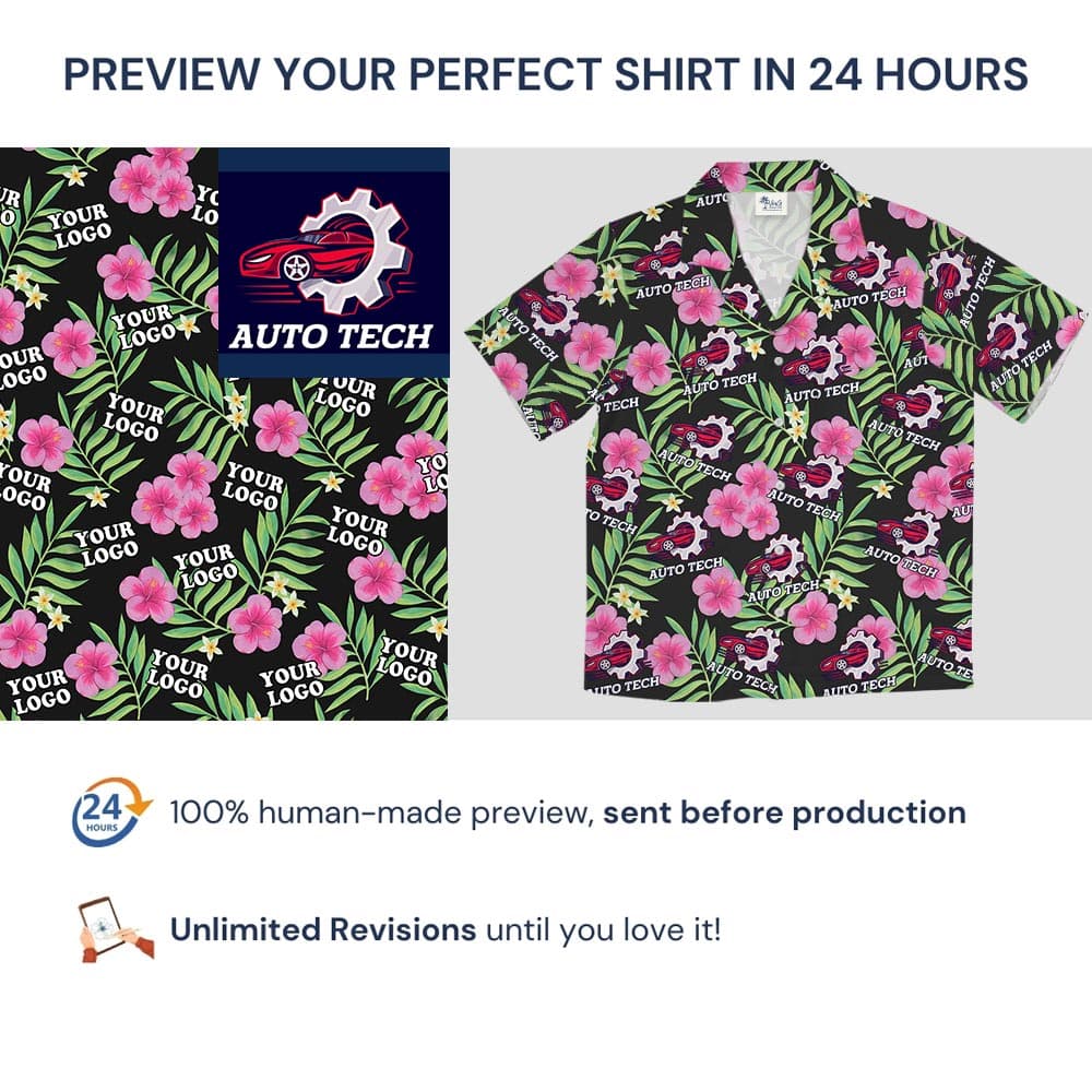 Pink Hibiscus Black Tropical Shirt With Your Logo with preview