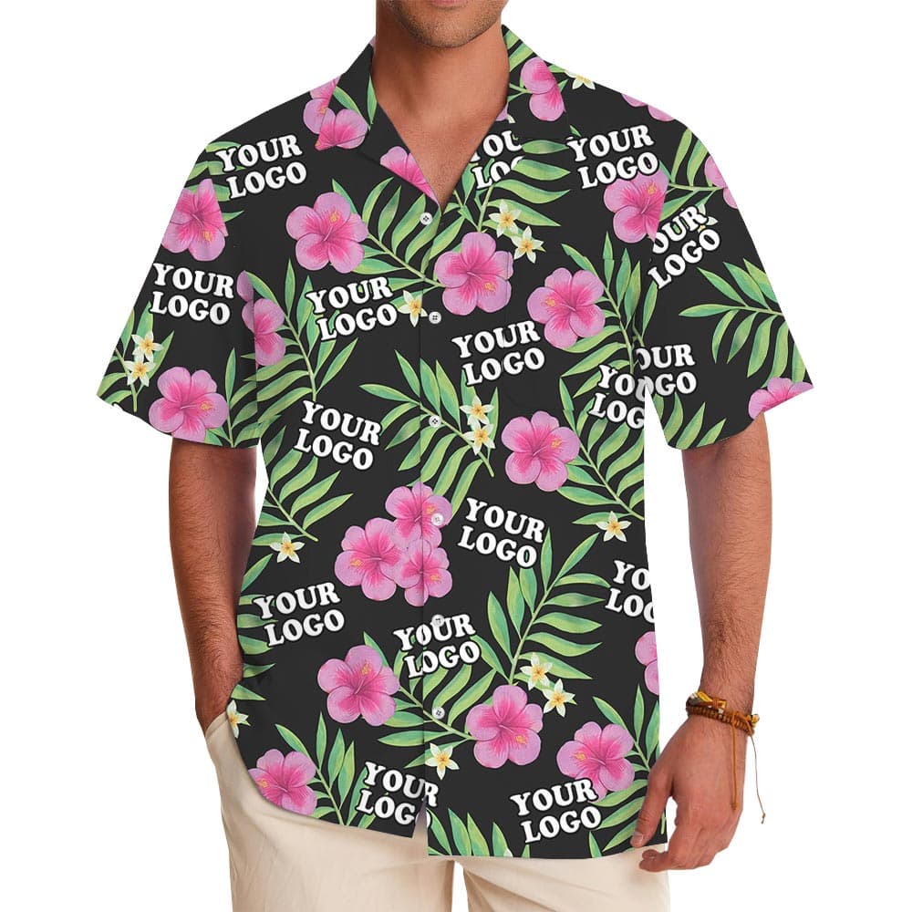 Pink Hibiscus Black Tropical Shirt With Your Logo with preview