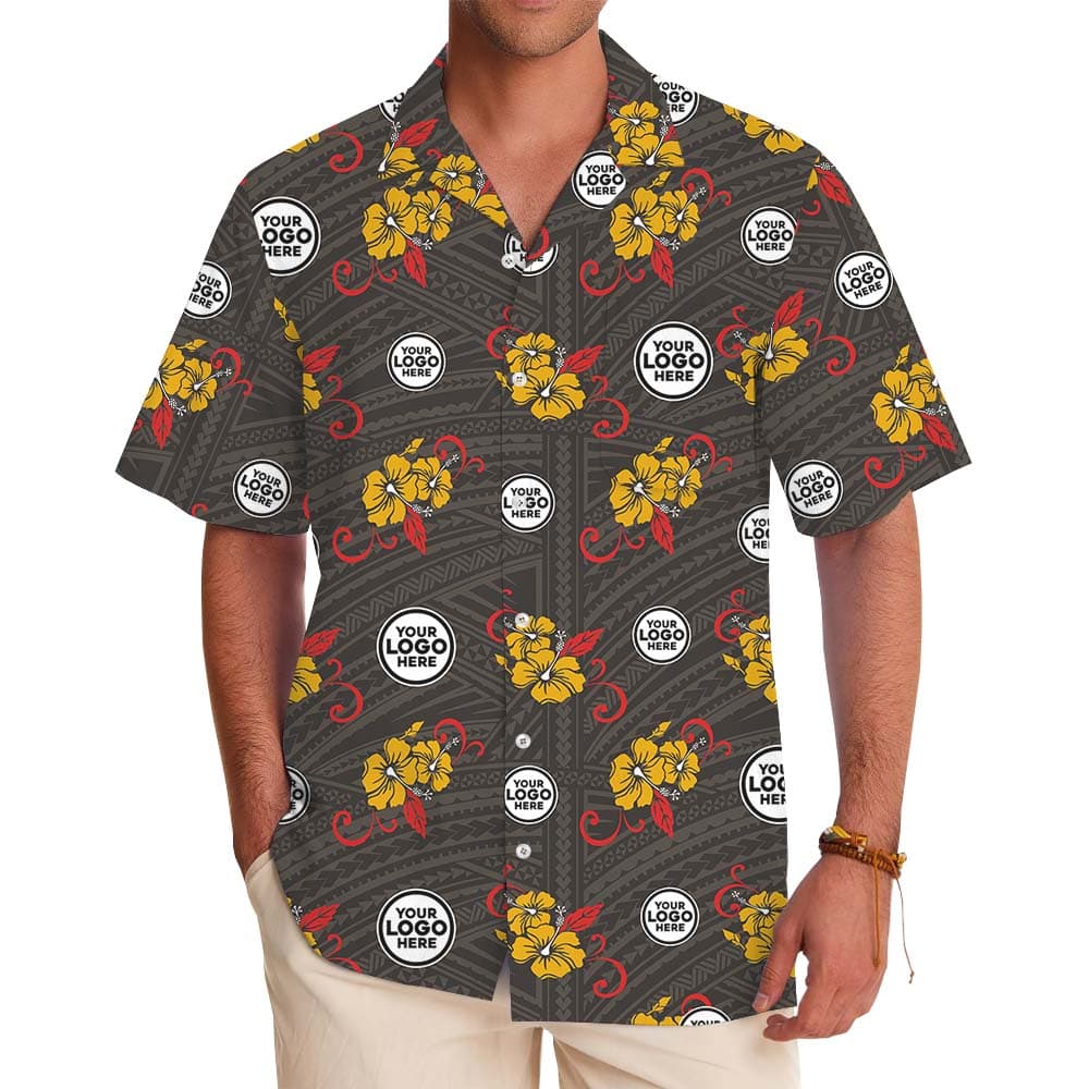 Red And Yellow Charm Hibiscus Hawaiian Shirt With Logo