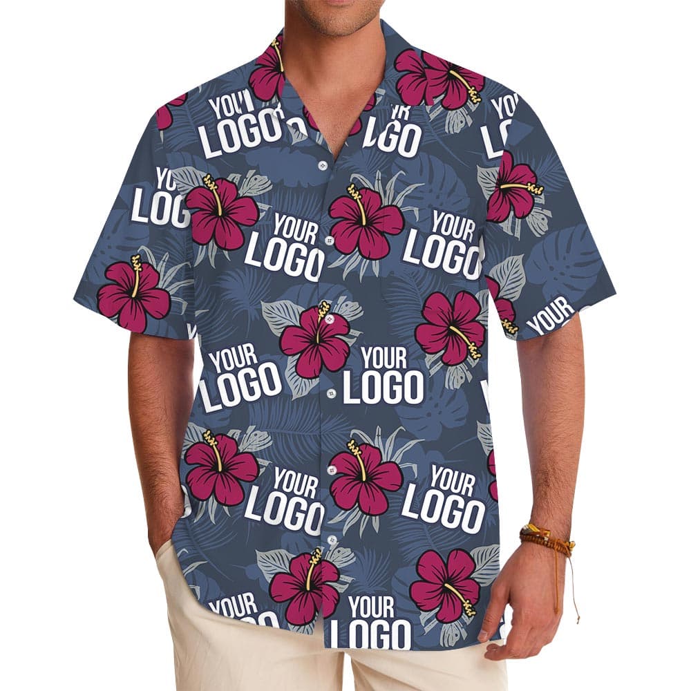 Red Hibiscus Navy Hawaiian Shirt Custom Multiple Logos