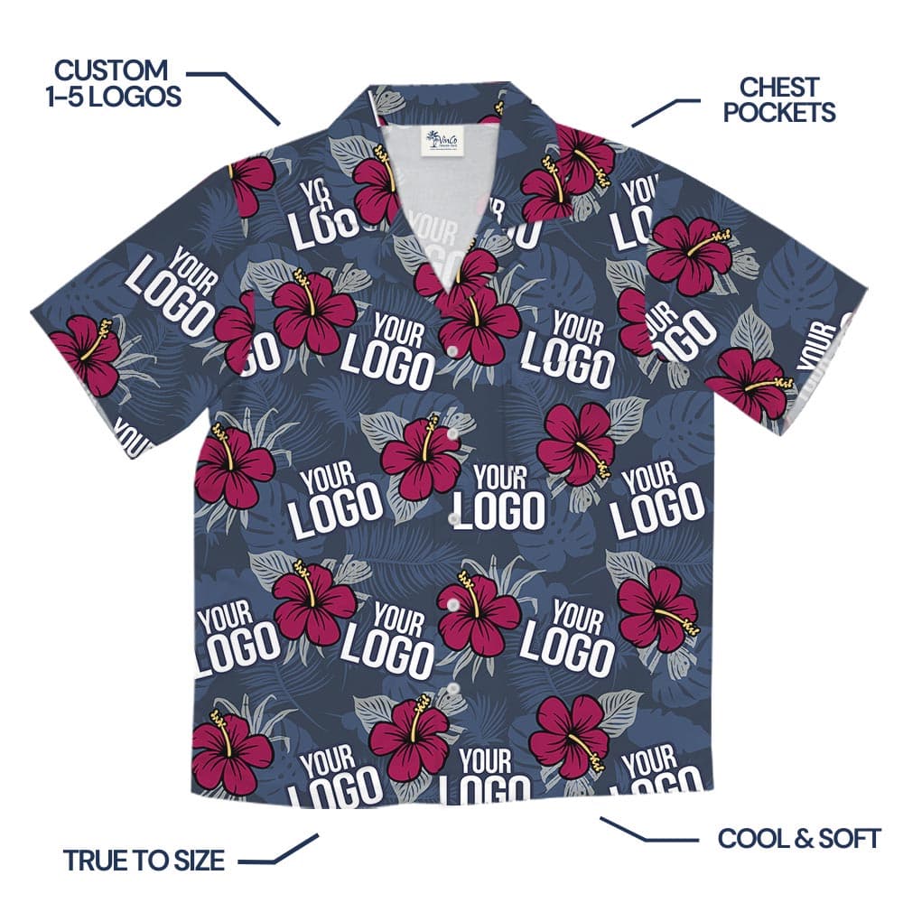 Red Hibiscus Navy Hawaiian Shirt Custom Multiple Logos (3)