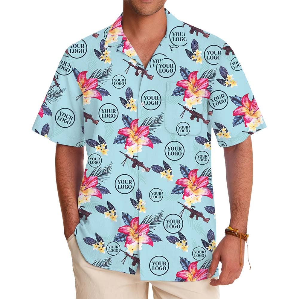 Tactical Blue Hawaiian Shirt With Multiple Logo