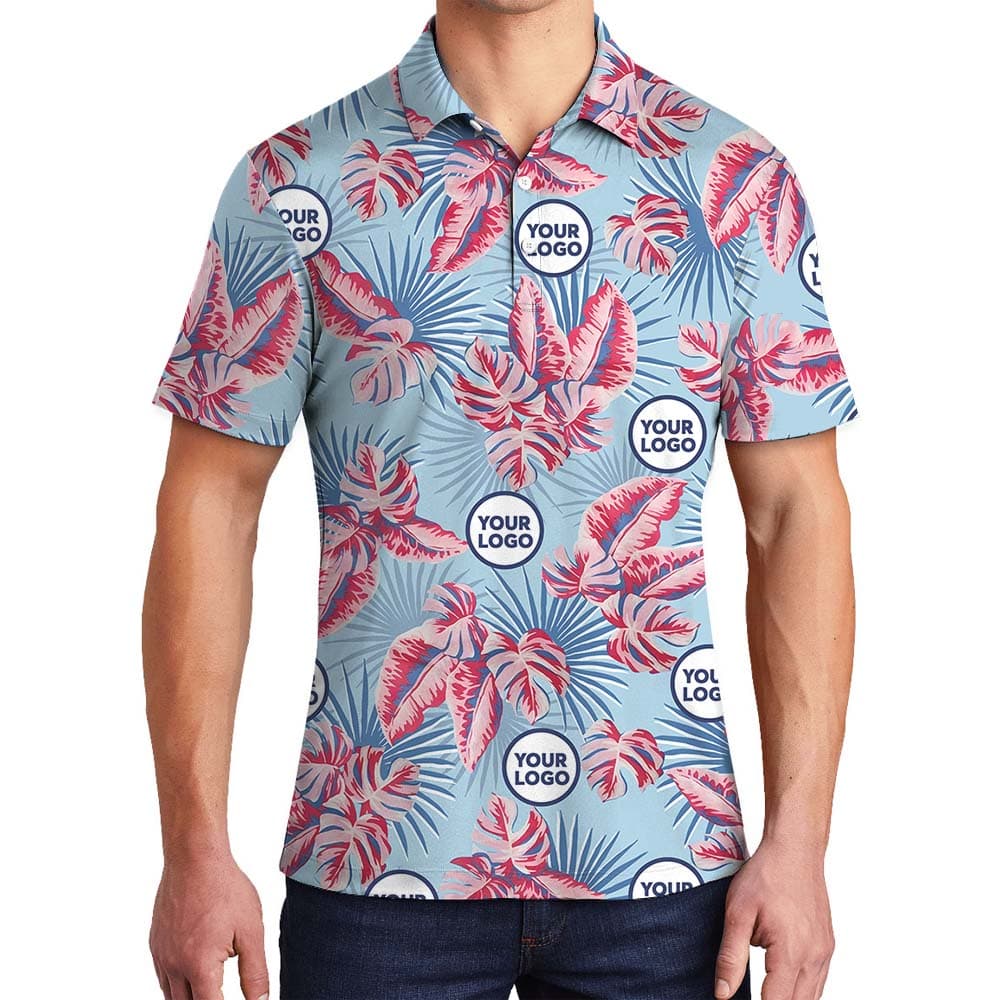 Tropical Blue Collared Polo Shirt With Logo Printed