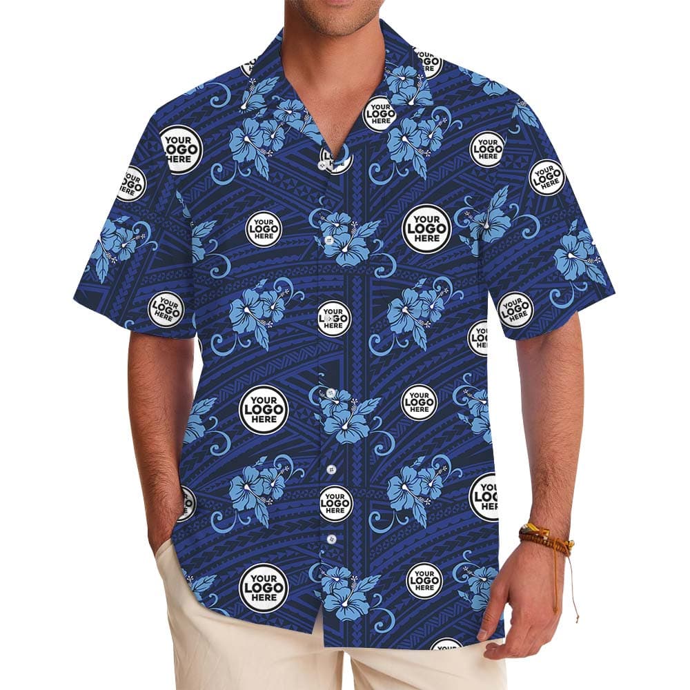 Vintage Blue Floral Hawaiian Shirt With Multiple Logos