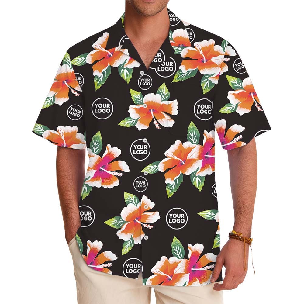 Vintage Floral Black Hawaiian Shirt With Company Logo Print