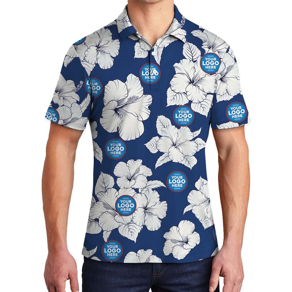 Vintage Floral Blue Collared Polo Shirt With Logo