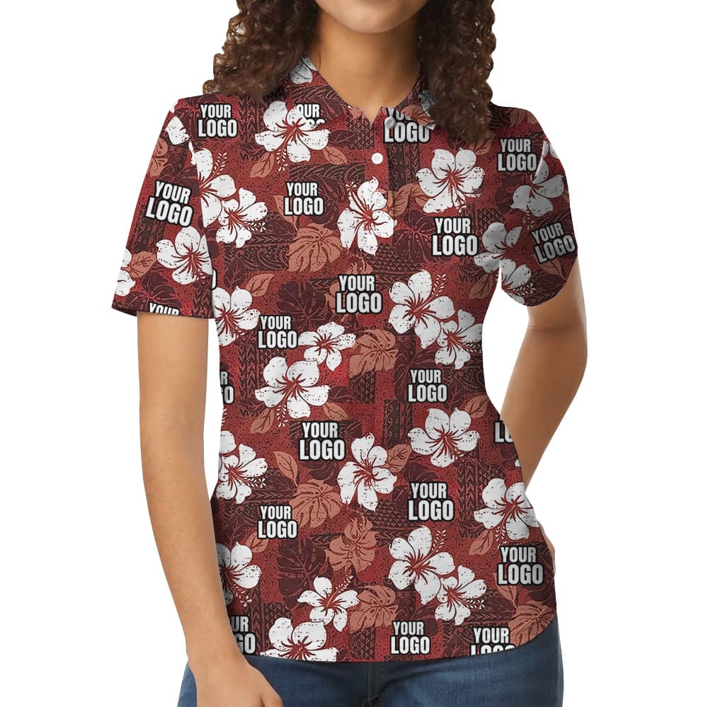 Vintage Floral Red Polo Shirt With Custom Logos