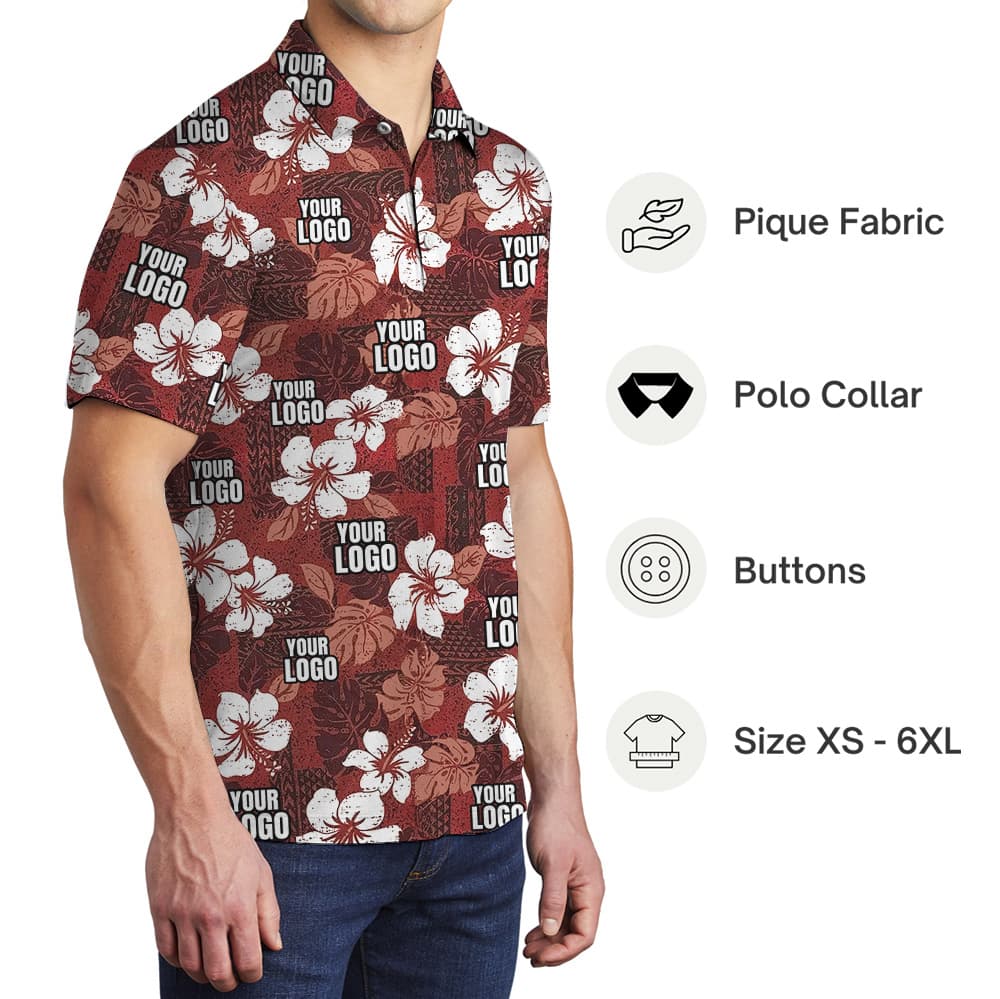 Vintage Floral Red Polo Shirt With Custom Logos