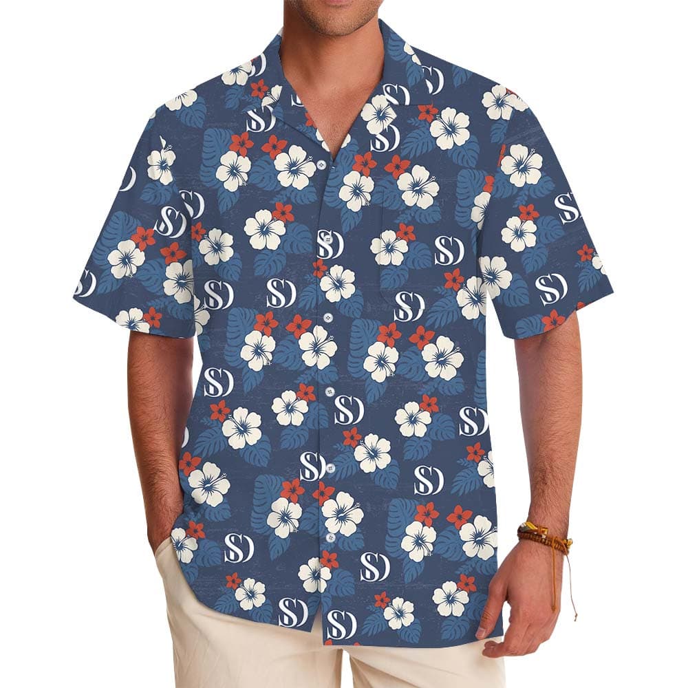 White And Navy Aloha Shirt With Custom Logo