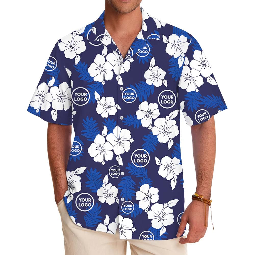 White And Navy Blossom Hawaiian Shirt With Logo