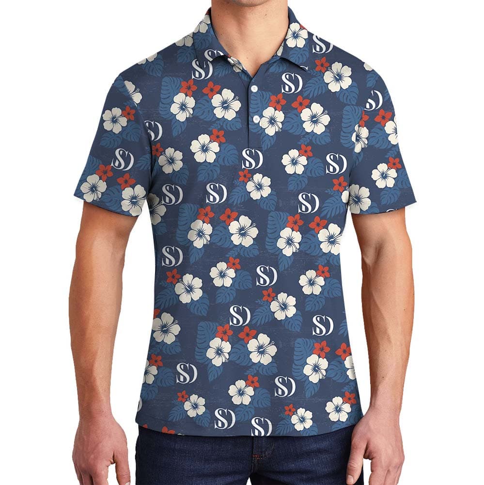 White Navy Floral Polo Shirts With Logo On Them