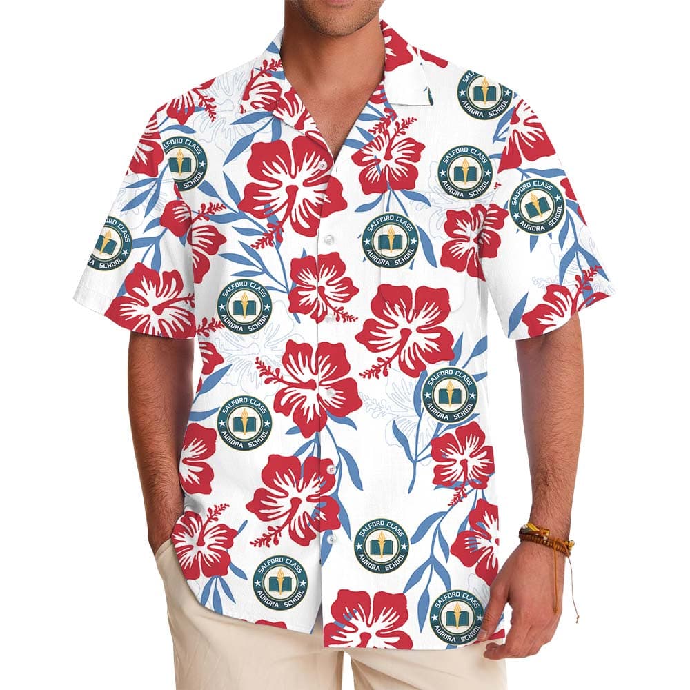 White Red And Blue Floral Aloha Shirt With Logo