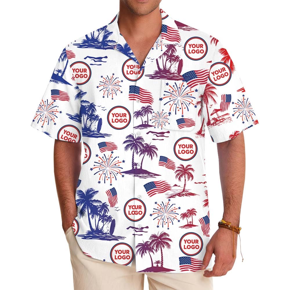 White Red And Blue Palm Tree Button Up Shirt With Logos