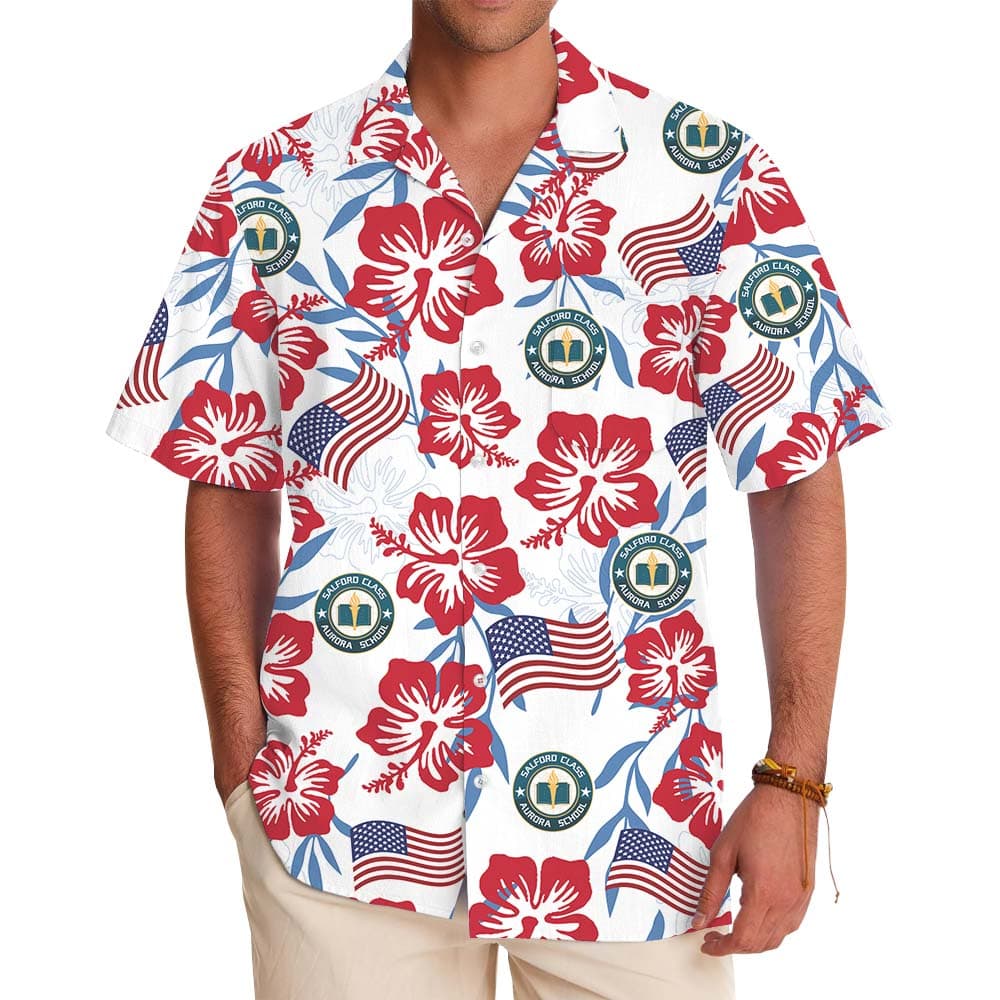 White Red And Blue Patriotic Hawaiian Shirt With Logo