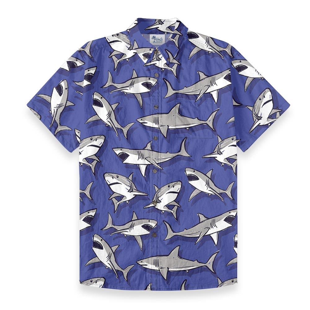 100% Cotton Shark Short Sleeve Button Down Shirt Blue front view