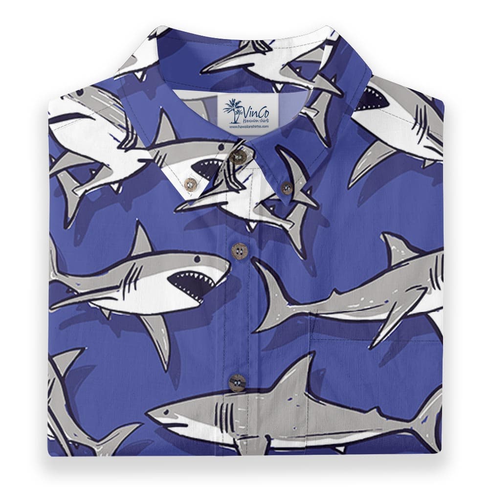 100% Cotton Shark Short Sleeve Button Down Shirt Blue with coconut button