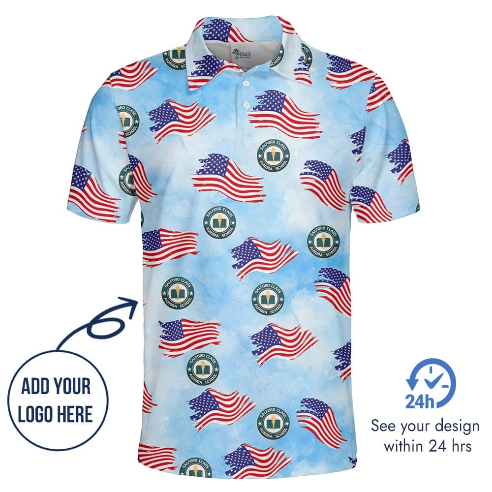 American Flag Blue Polo Shirt With Custom Face Or Logo