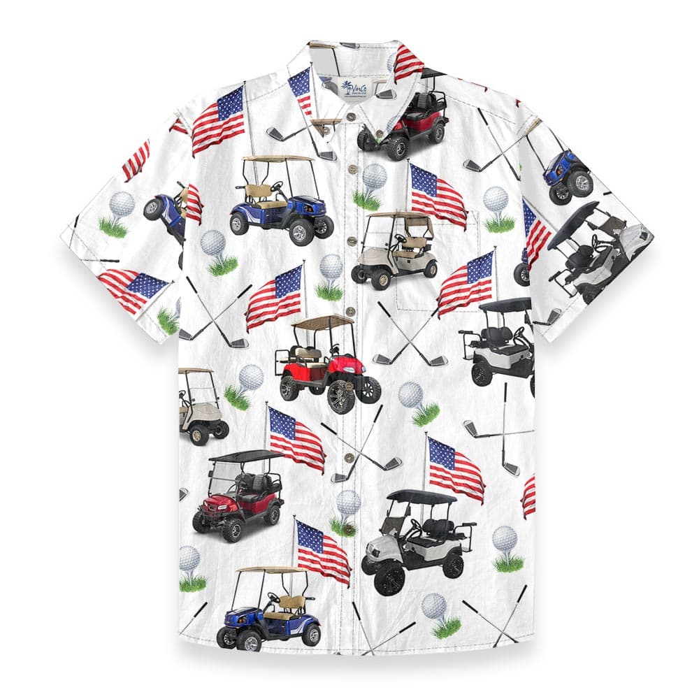 American Flag Golf Cart Button Down Cotton Shirt