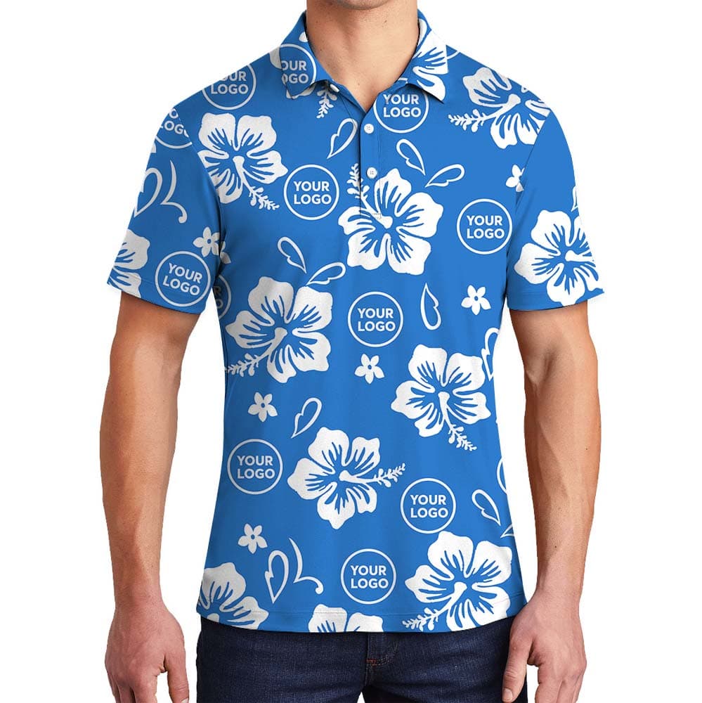 Big Hibiscus Blue Polo Shirt With Custom Logo